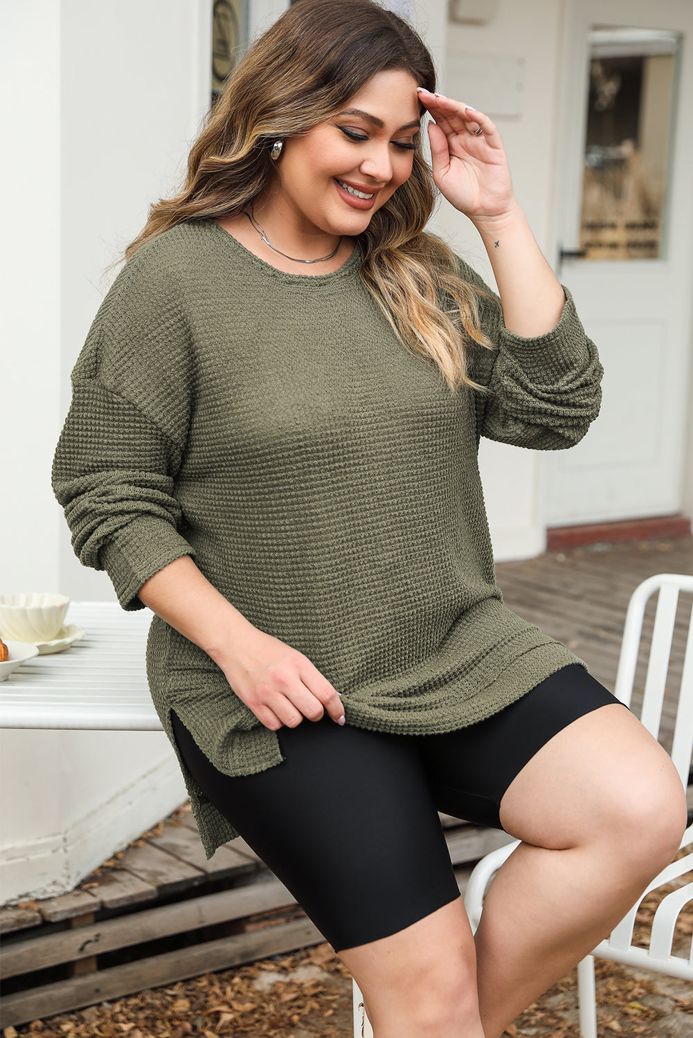 Moss Green Plus Size Textured Knit Long Sleeve Top - Eloy Royal