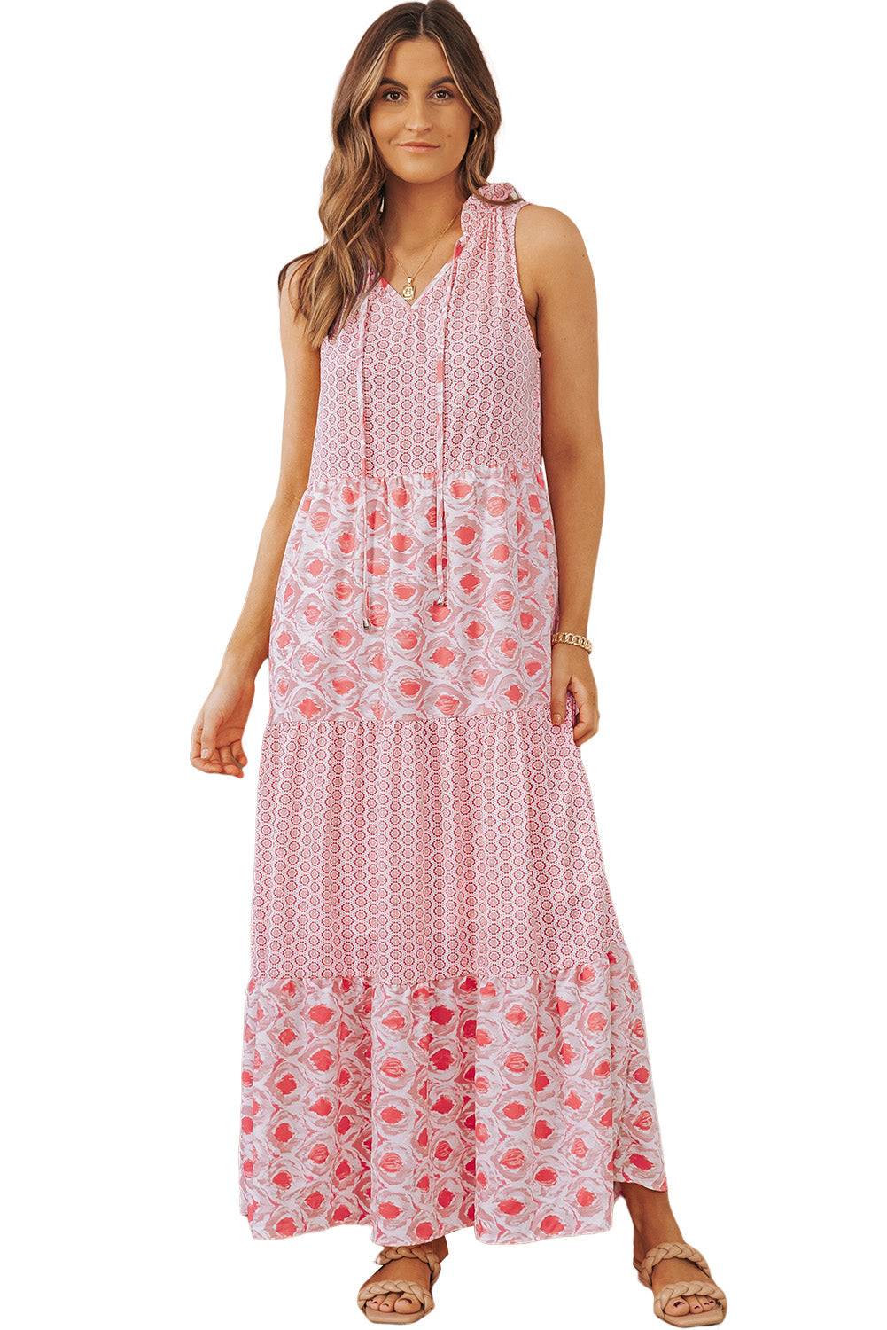 Pink Abstract Print Patchwork Sleeveless V Neck Tiered Dress - Eloy Royal