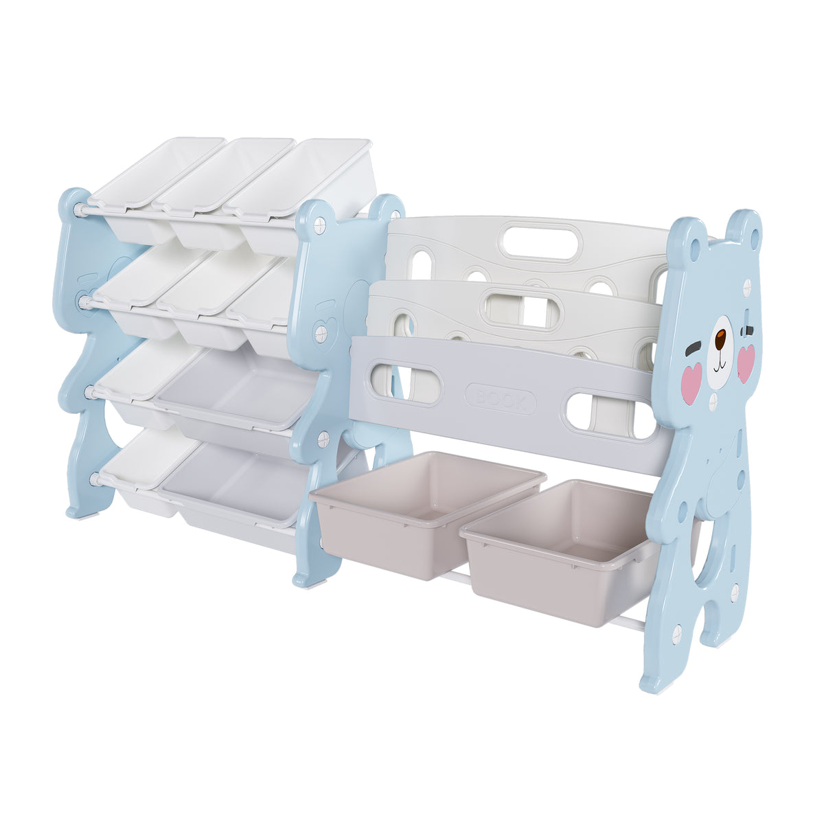 Kids Toy Storage Organizer with 2 Tier Bookshelf, Toy Storage with 12 Bins, Blue Polyethylene, 56.10 x 14.17 x 33.86 inches