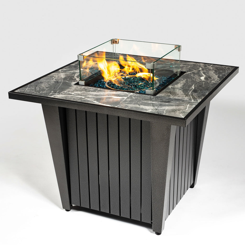 32' Propane Gas Fire Pit Table, 50000 BTU Square Steel Fire Pit with Glass Wind Guard for Outside Patio Deck Garden Courtyard -Gray