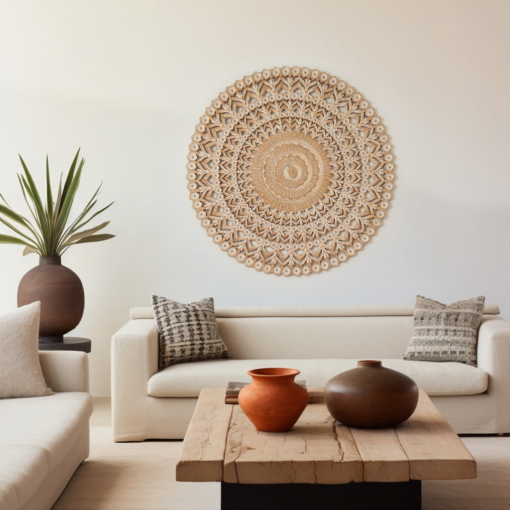 Wooden Floral Hand Carved Mandala Round Wall Decor in Antique White and Gold, 48-Inch