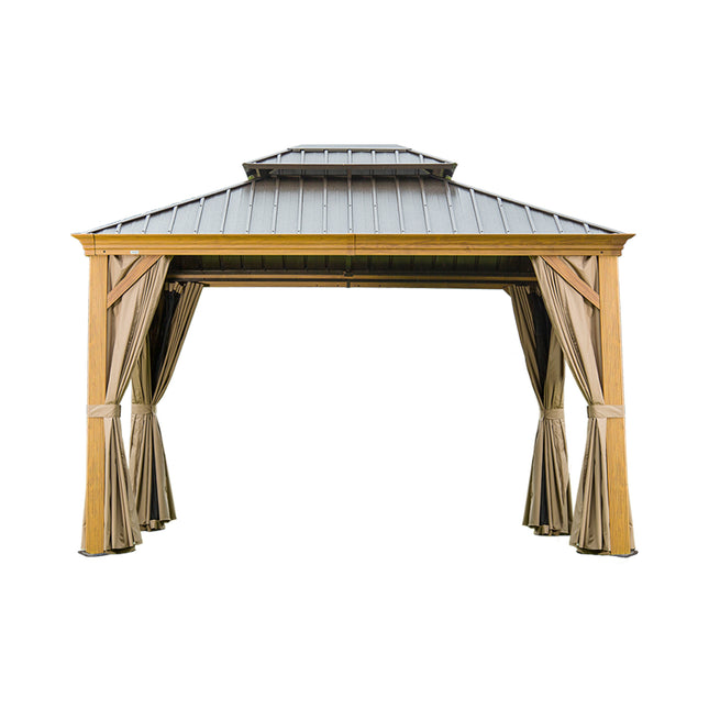 10' X 14' Hardtop Gazebo Outdoor Metal Gazebo Canopy with Galvanized Steel Double Roof, Wood Grain Aluminum Frame, Curtains and Netting for Patio, Deck, Garden