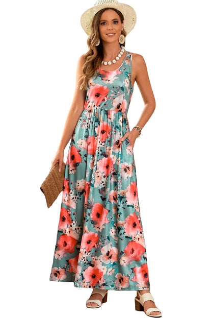 Green Floral Print Sleeveless Maxi Summer Tank Dress - Eloy Royal