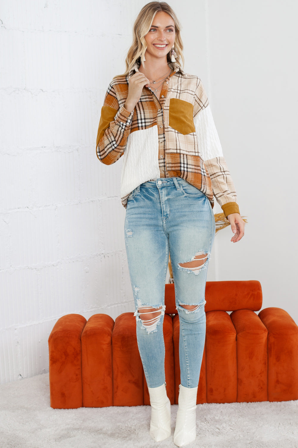 Wholesale Orange Plaid Color Block Patchwork Pocket Shirt Shacket - Eloy Royal