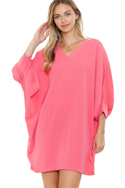 Strawberry Pink Solid Color V Neck 3/4 Sleeve Dress - Eloy Royal