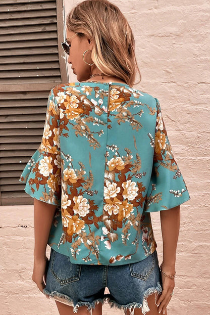 Mineral Blue Floral Print Round Neck Flounce Sleeve Blouse - Eloy Royal