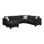 Modern Black L Shape Fabric Sectional Sofa with Ottoman and Pillows, 112*87 Inches, 7 Seats