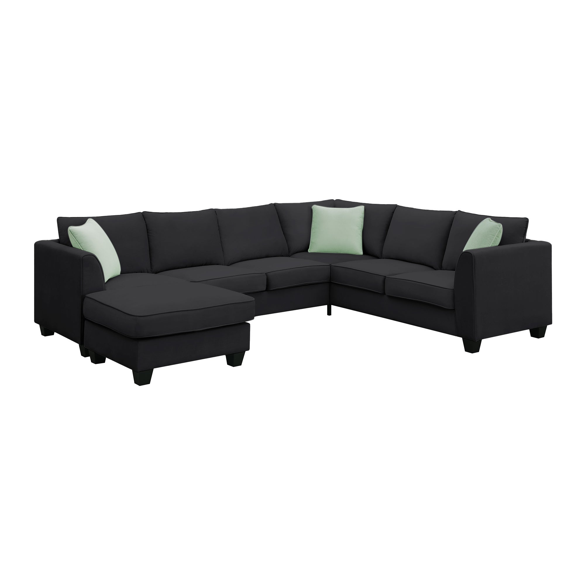 Modern Black L Shape Fabric Sectional Sofa with Ottoman and Pillows, 112*87 Inches, 7 Seats