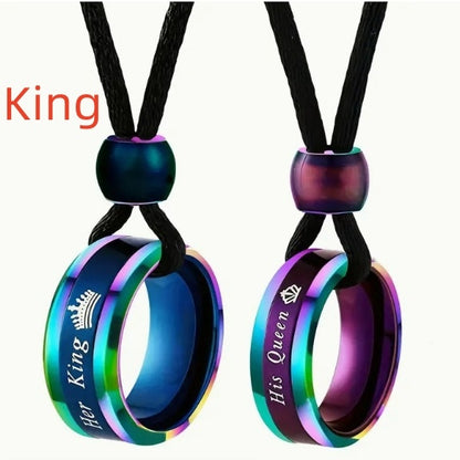 Creative Color Changing Round Beads Blue Purple Couple Couple Rings Necklace