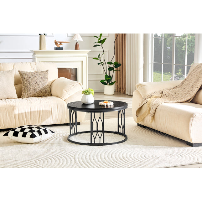 Black Round MDF Coffee Table, 27.5-inch Diameter. A round coffee table for the living room featuring a rustic industrial design, with sturdy metal frame legs and easy assembly.