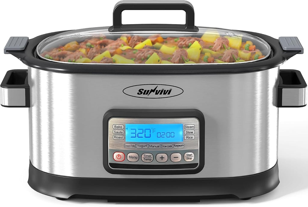 11-in-1 Multi Slow Cooker Roaster Oven, 6.5QT Sliver Digital Programmable Slow Cooker with Rack, Large Removable Nonstick Crock, Glass Lid, Multicooker with Timer Temp Control, Delay Start