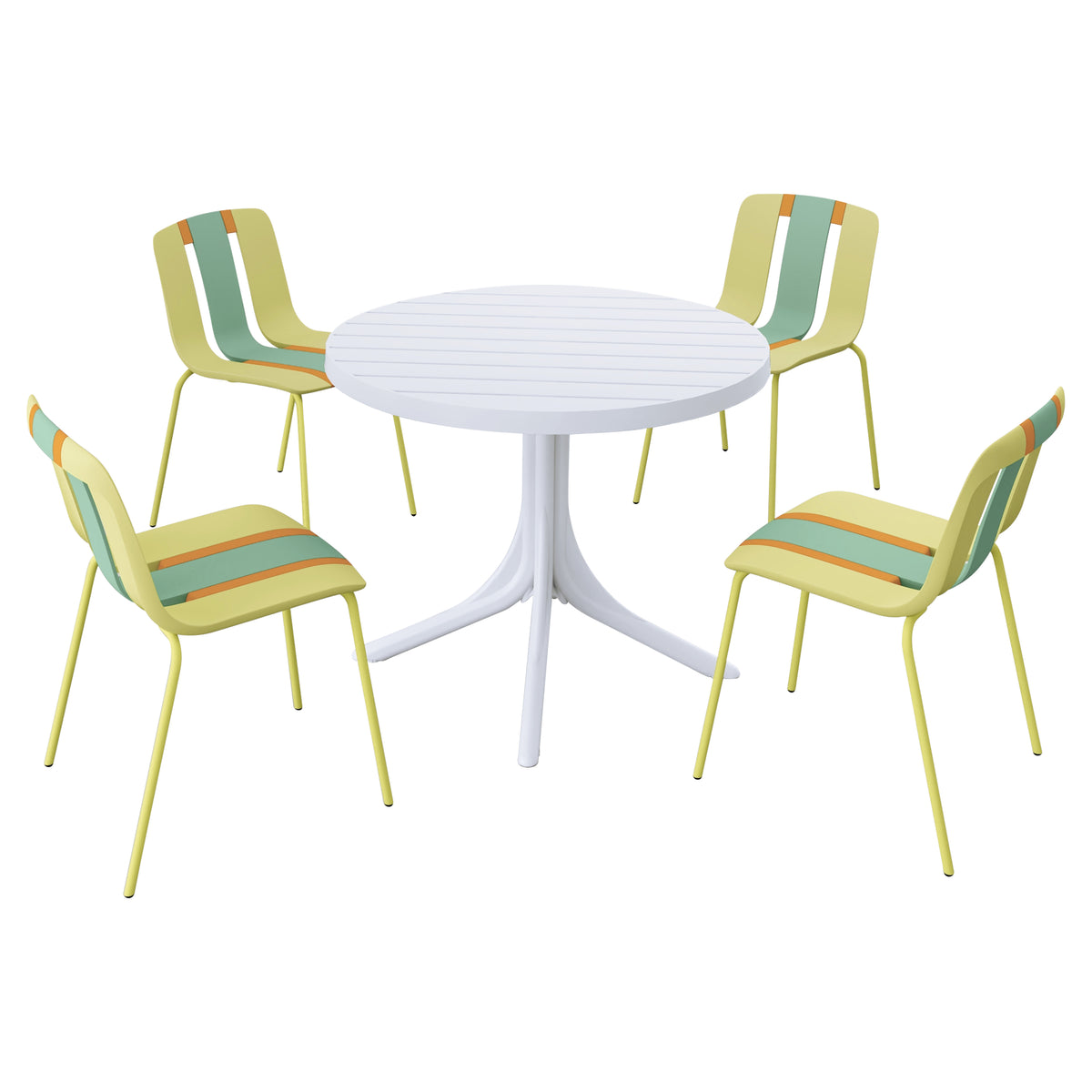 Four-Piece Set of Modern Striped Color-Blocking Single Chairs with 36 Inch Round Table,Green,Yellow,Orange/White,20.47*18.9*31.5 (in)/ 35.43*35.43*29.53(in),PP,Metal