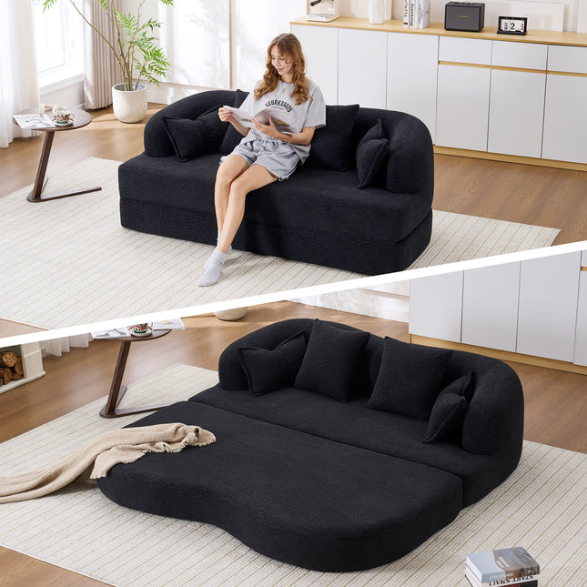 2-in-1 Foldable Sofa Bed,70 Inch Folding Boneless Couch Convertible Compressed Sleeper Sofabed, 4 Pillows for Living Room Apartment, Black