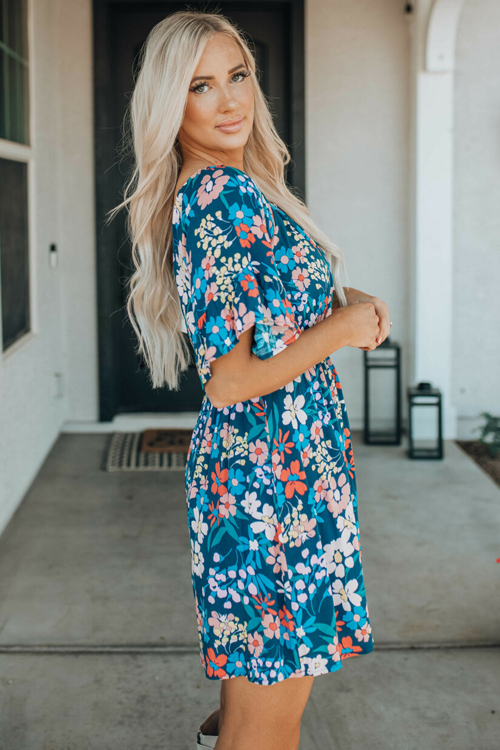 Dark Blue Bohemian Floral Print Off Shoulder Short Dress - Eloy Royal