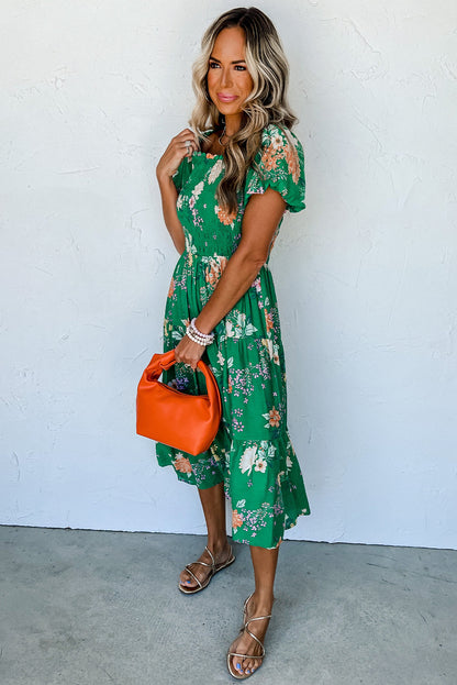 Green Floral Print Bubble Sleeve Smocked Tiered Midi Dress - Eloy Royal