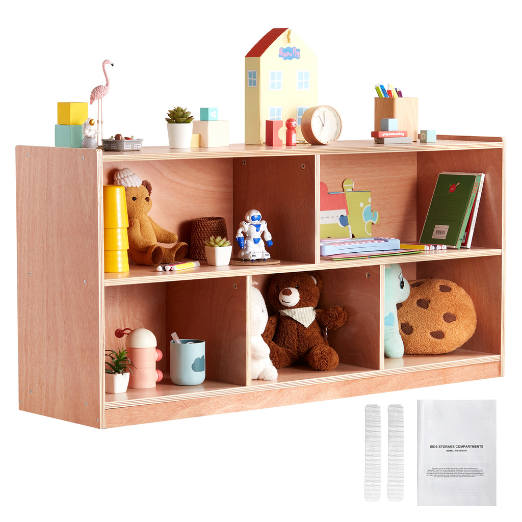 Cubby Mobile Tray Storage Cabinet, 5-Compartment Cubby Storage Shelf, Cubby Storage Cabinet 2-shelf, Classroom Cubbies, Classroom Furniture for Home, Daycare and Preschool, Natural