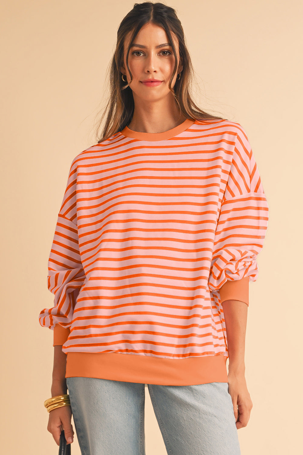 Blue Stripe Drop Shoulder Crew Neck Loose Sweatshirt