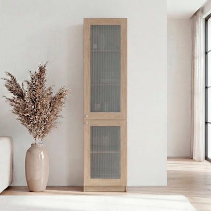 Natural Oak Modern Storage Cabinet with 5 Shelf and Glass Front