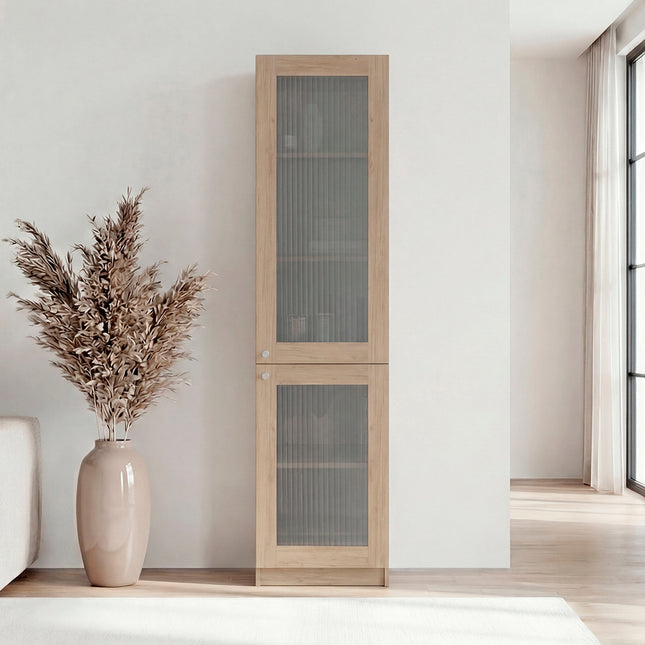 Natural Oak Modern Storage Cabinet with 5 Shelf and Glass Front