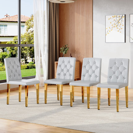 4-piece set of light grey PU dining chairs: ergonomically designed buckle backrest, 35 inches high, gold metal legs, combining comfort and texture.Suitable for family restaurants, banquet hall, etc.