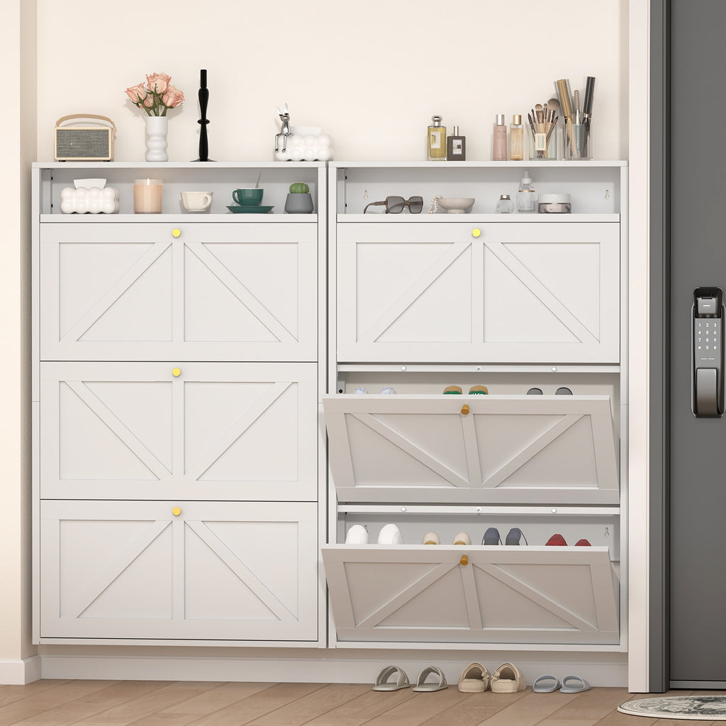 Metal Shoe Cabinet with 3 Flip Drawers, Wall Mounted Shoe Organizer, Narrow Slim Hidden Shoe Rack for Entryway,White