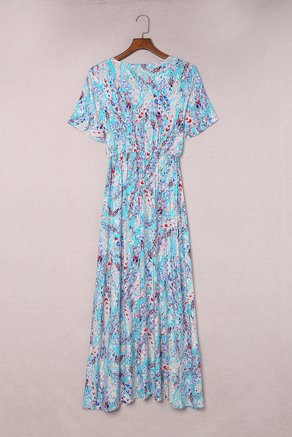 Wholesale Rose Boho Abstract Print V Neck Short Sleeve Maxi Wrap Dress - Eloy Royal