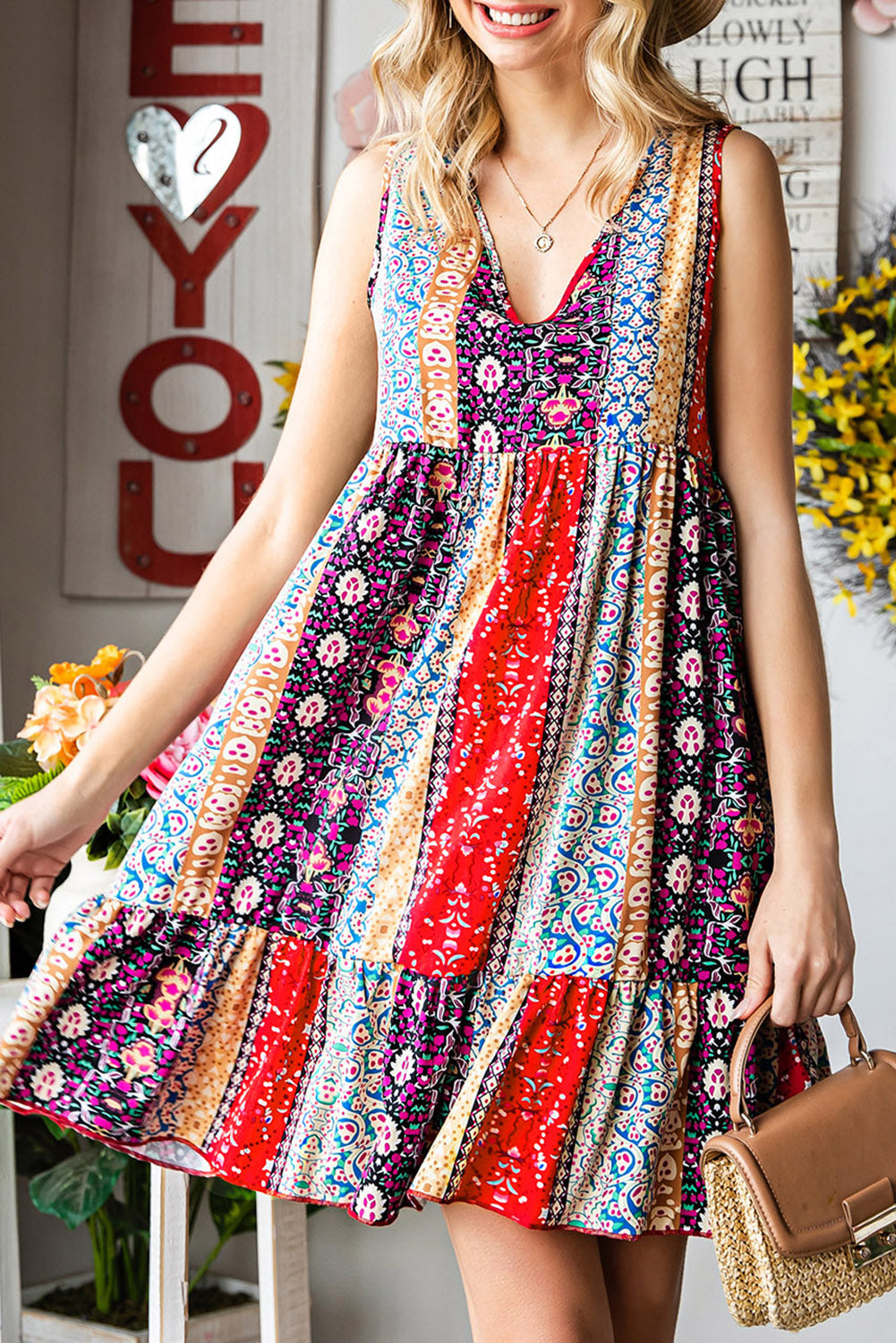 Floral Print Sleeveless Flounce Hem V Neck Short Boho Dress - Eloy Royal