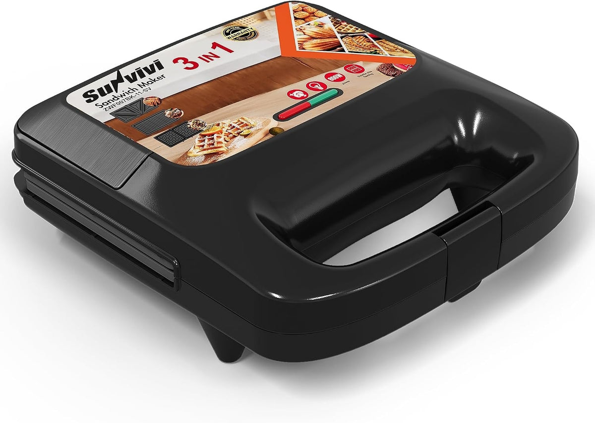 3 in 1 Electric Sandwich Maker with Removable Nonstick Plates - 800W,Black