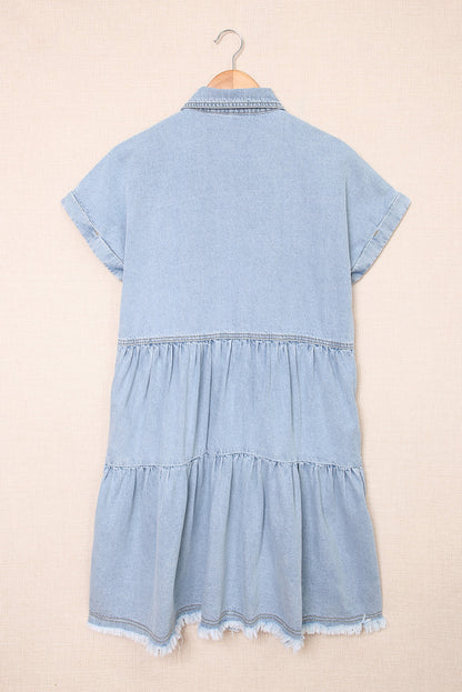 Blue Button Up Short Sleeve Denim Shirt Dress - Eloy Royal