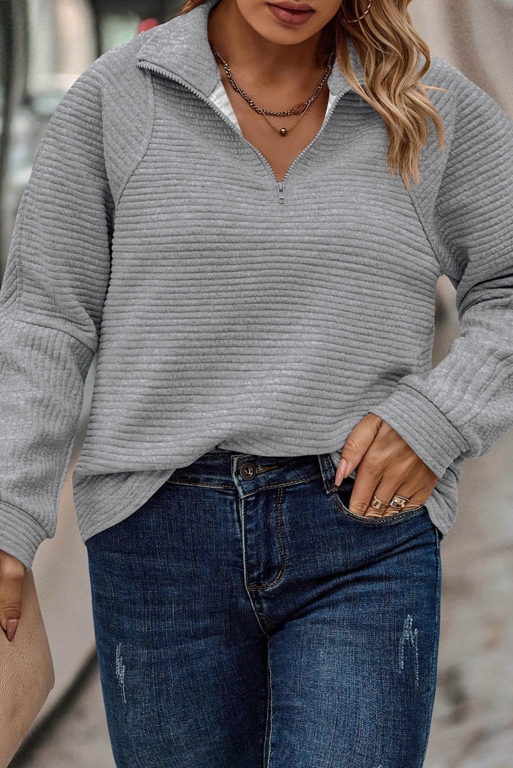 Light Plus Size Grey Quarter Zipper Collared Ribbed Knit Top - Eloy Royal