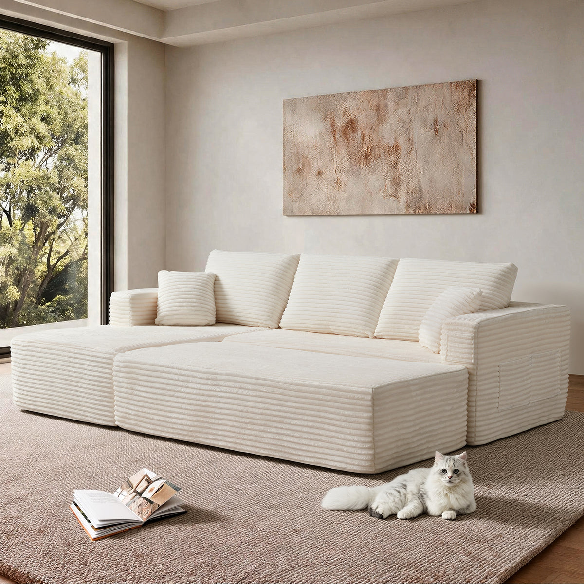 100.39' Modular Sectional Sofa with Long-Shape Chaise,Modern Modular Sofa wite Deep Seat,Free Combination,No Assembly Required,Compressed Packaging,Pocket Spring and Foam,Plush Fabric Beige(L-Shape)