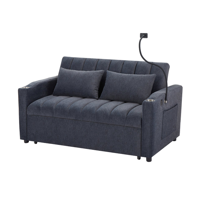 Convertible Sofa Bed Loveseat with USB Ports, Side Pockets, Cup Holders, and Phone Holder in Blue Grey Bella Fabric, 55.9'