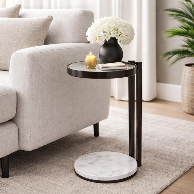 Black Drink Table with Glass Top & White Marble Base Decorative Modern End Table Metal Base Side Table Accent Table for Living Room 10x10x23.25'