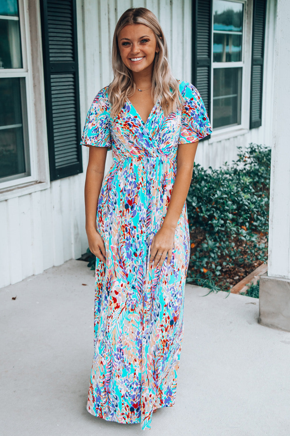 Wholesale Rose Boho Abstract Print V Neck Short Sleeve Maxi Wrap Dress - Eloy Royal