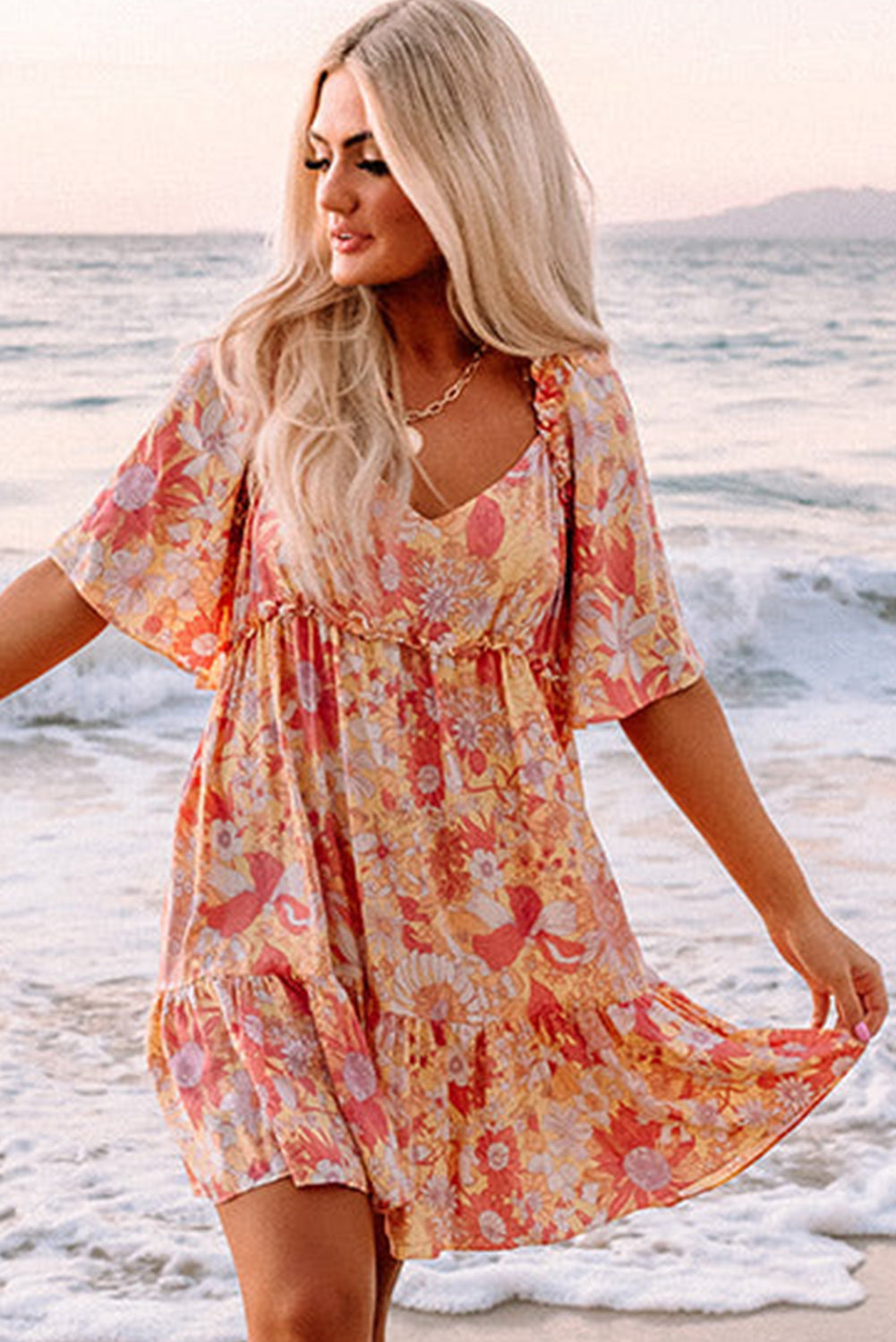 Orange Wide Flutter Sleeve V Neck Floral Dress - Eloy Royal