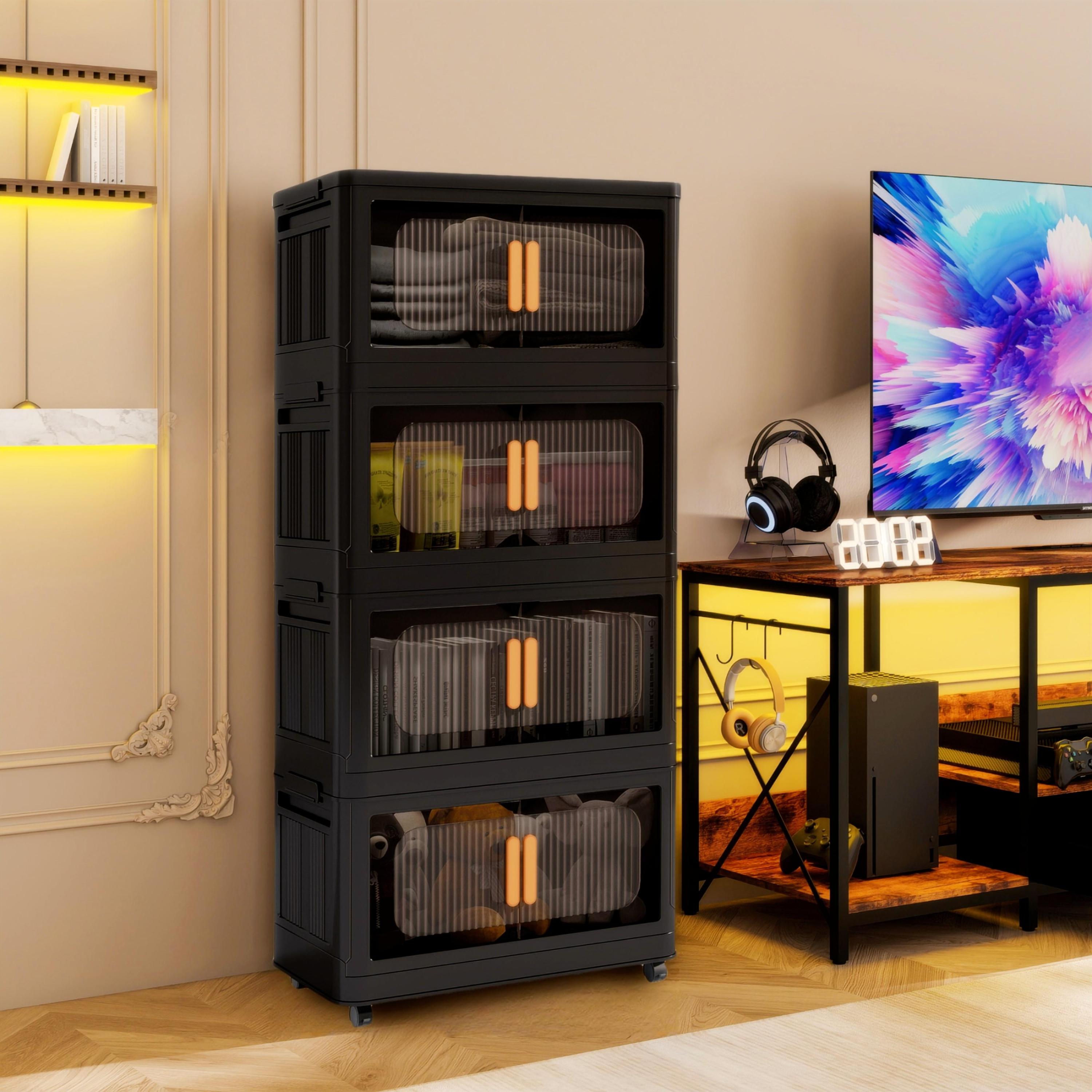 Black,20' Side Wide Folding Storage Cabinet ,4 Tiers,19.69'×11.81'×40.55',Collapsible Storage Bins with Magnetic Door, Plastic Storage Cabinet with Wheels