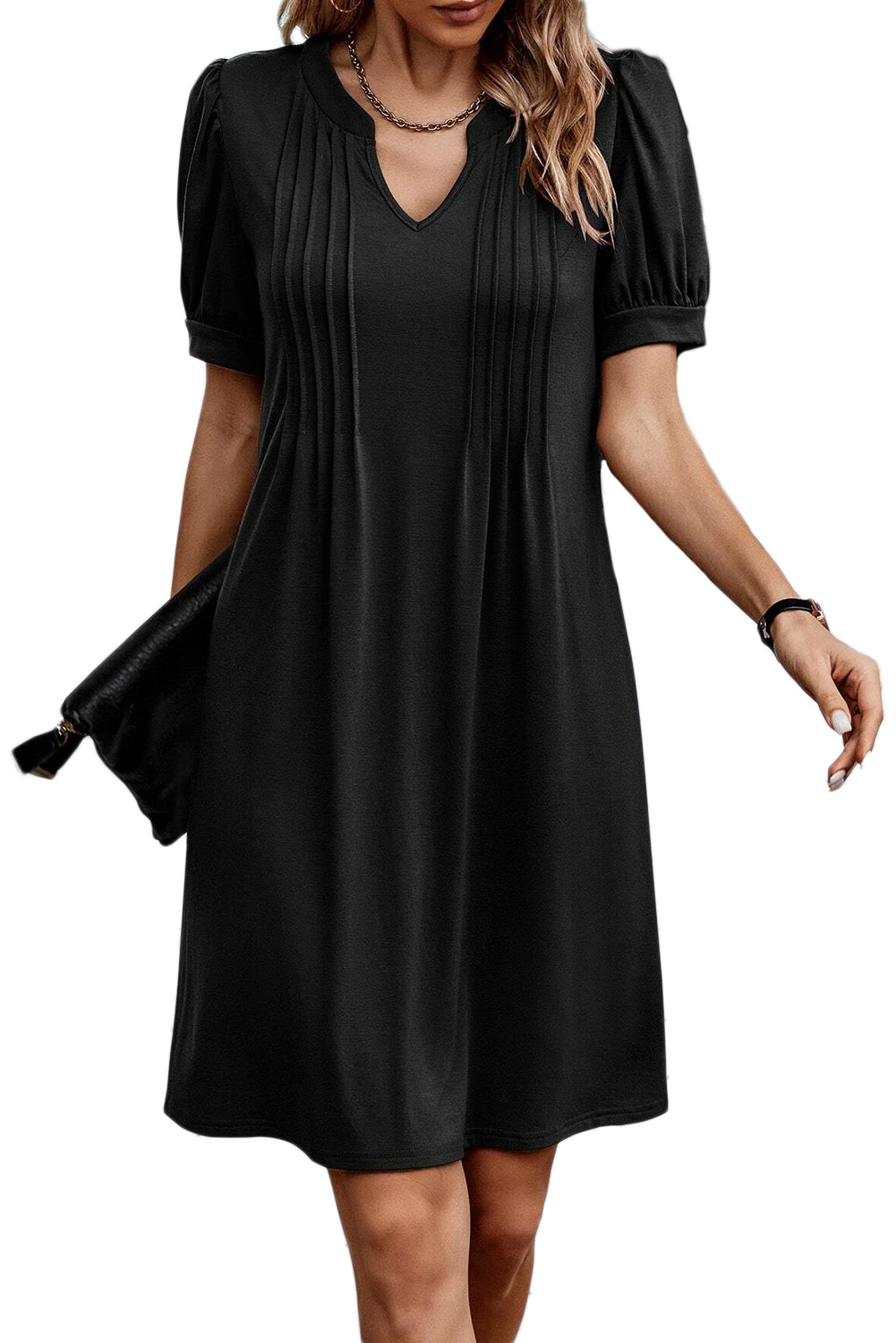 Desert Palm Notched Neck Pleated Puff Sleeve T Shirt Dress - Eloy Royal