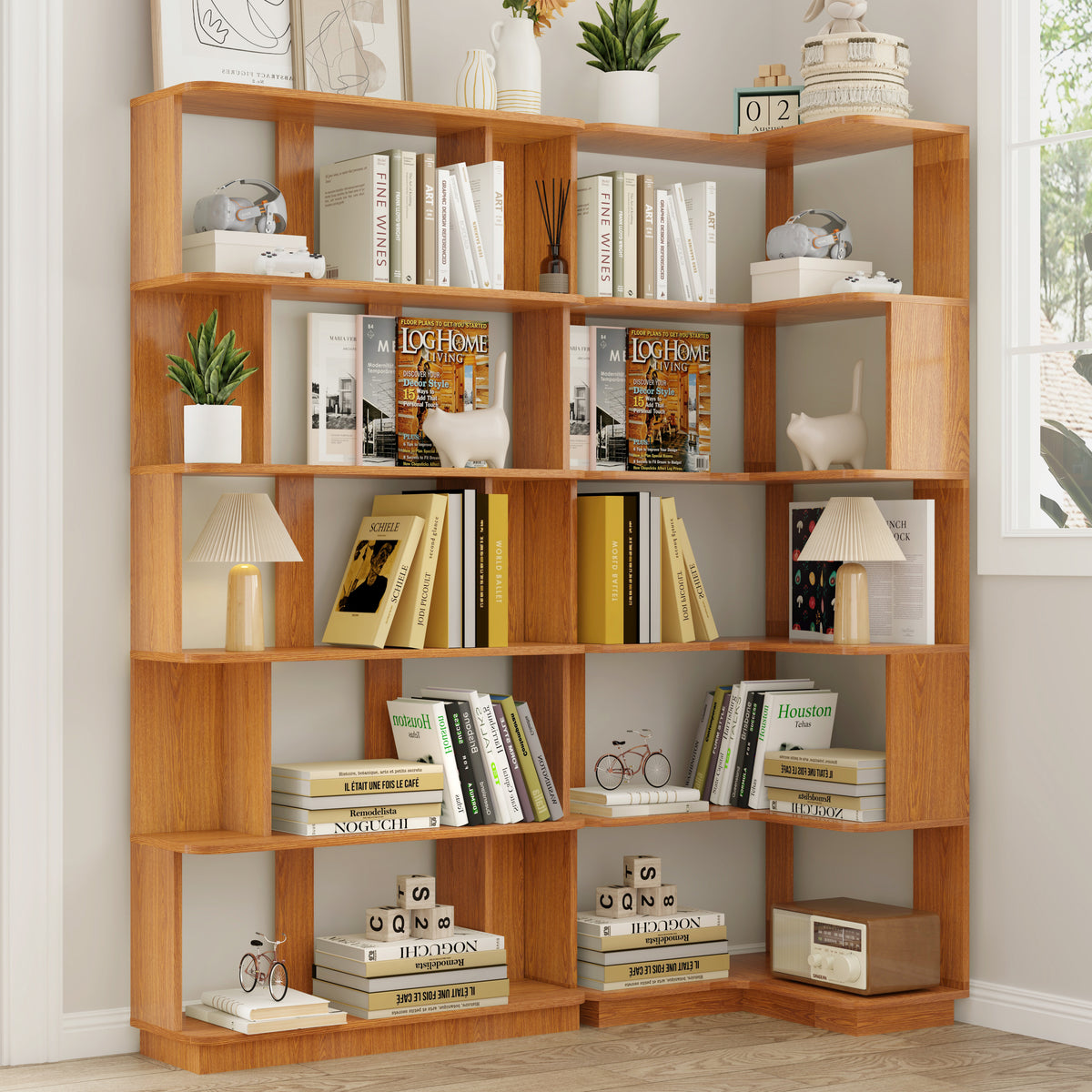 Set of 2 free combination bookcase space saving corner bookshelf 55cm plus 80cm length dark OAK color and other 4 colors for option