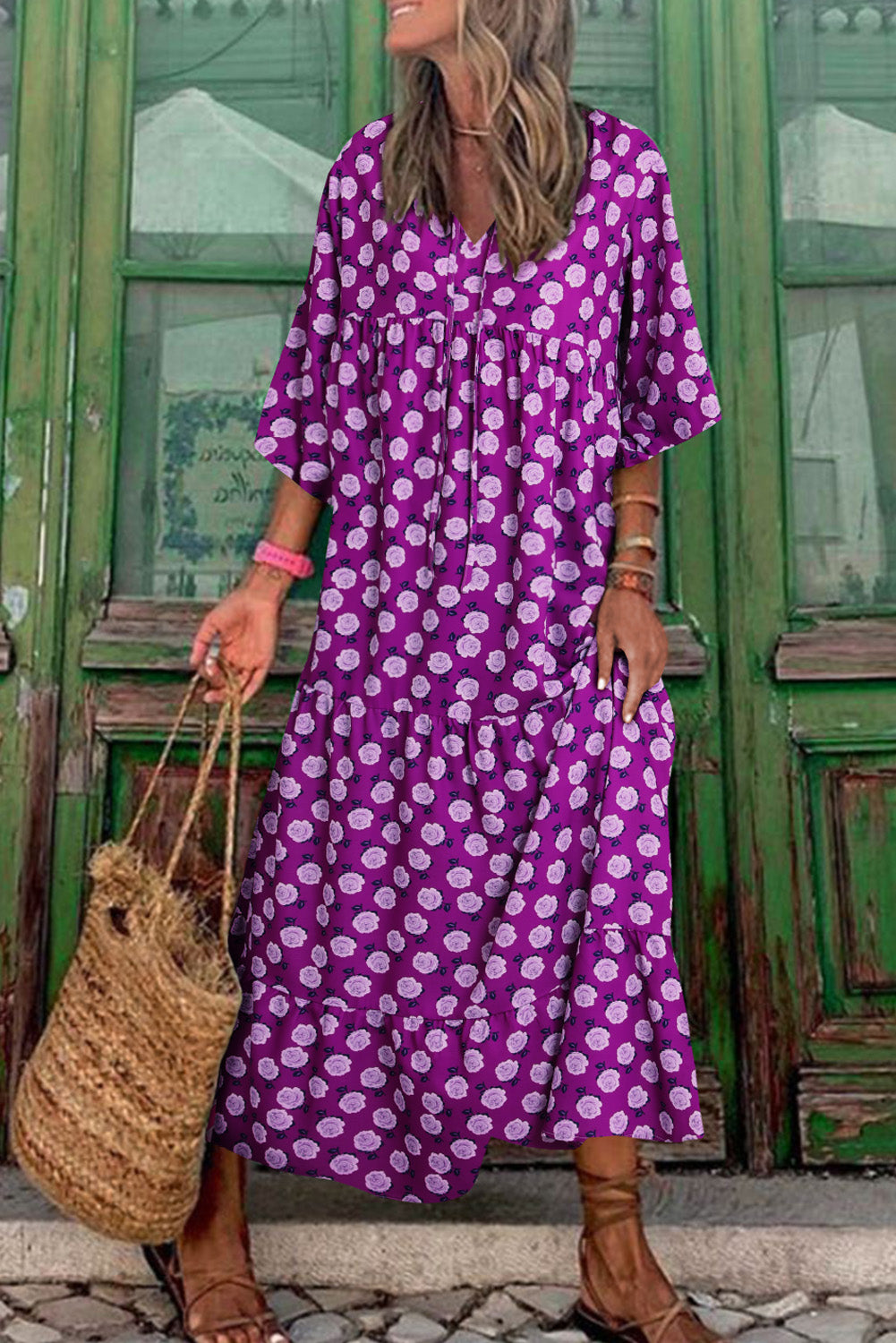 Purple Boho Printed V Neck Puff Sleeve Maxi Dress - Eloy Royal