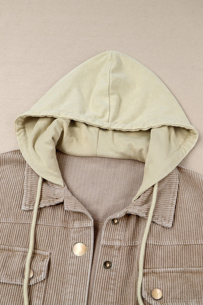 Wholesale Khaki Patchwork Raw Hem Hooded Corduroy Jacket - Eloy Royal