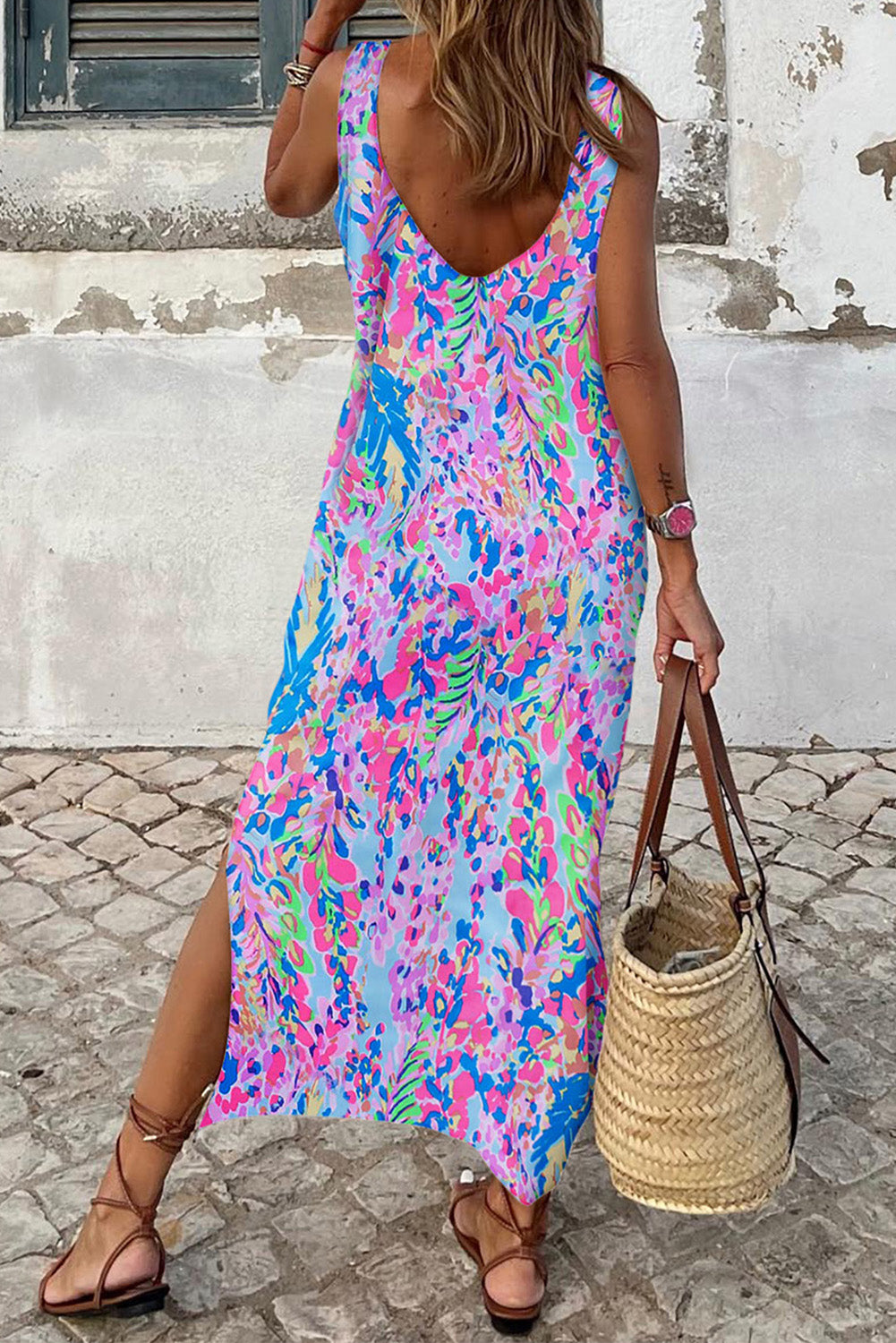 Purple Fluorescent Printed Round Neck	 Sleeveless Maxi Dress - Eloy Royal