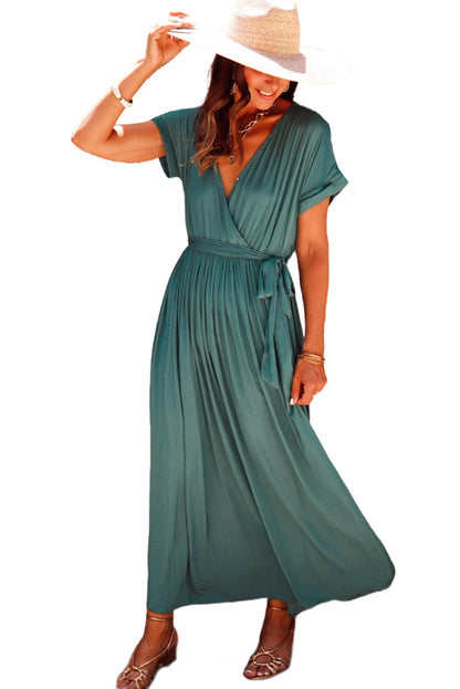 Wholesale Green Wrap V Neck Belted Pleated Maxi Dress - Eloy Royal