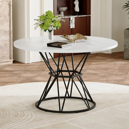 A circular dining table with a diameter of 47.3 inches, composed of 4 white marble patterned MDF boards,black hourglass shaped metal brackets,and a modern industrial style dining table for 4-6 people.