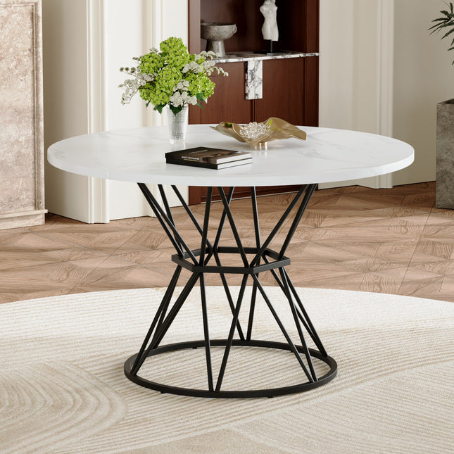 A circular dining table with a diameter of 47.3 inches, composed of 4 white marble patterned MDF boards,black hourglass shaped metal brackets,and a modern industrial style dining table for 4-6 people.