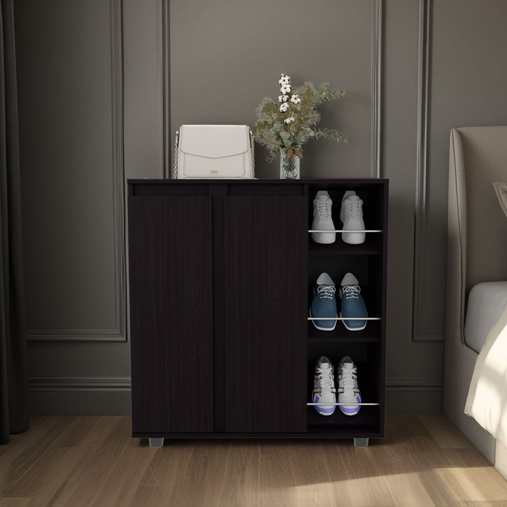 Gitano Shoe Storage Cabinet, 2 Doors, 8  Enclosed Shelves, 3 Open Side Shelves, Freestanding Design, Entryway or Bedroom Use, Wenge