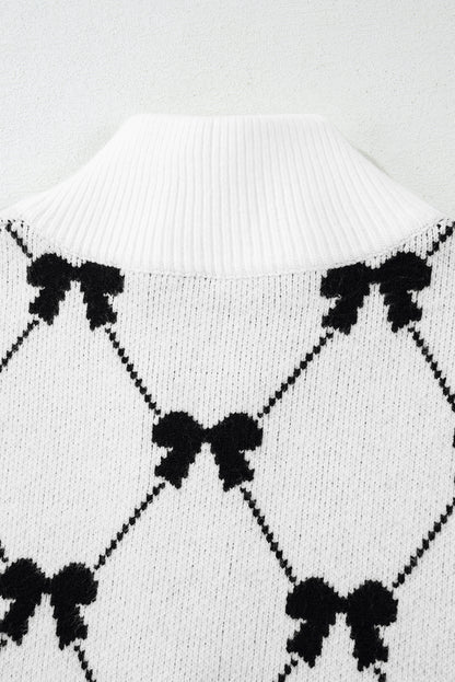 Black Preppy Bow Print Zipped Collar Knit Top