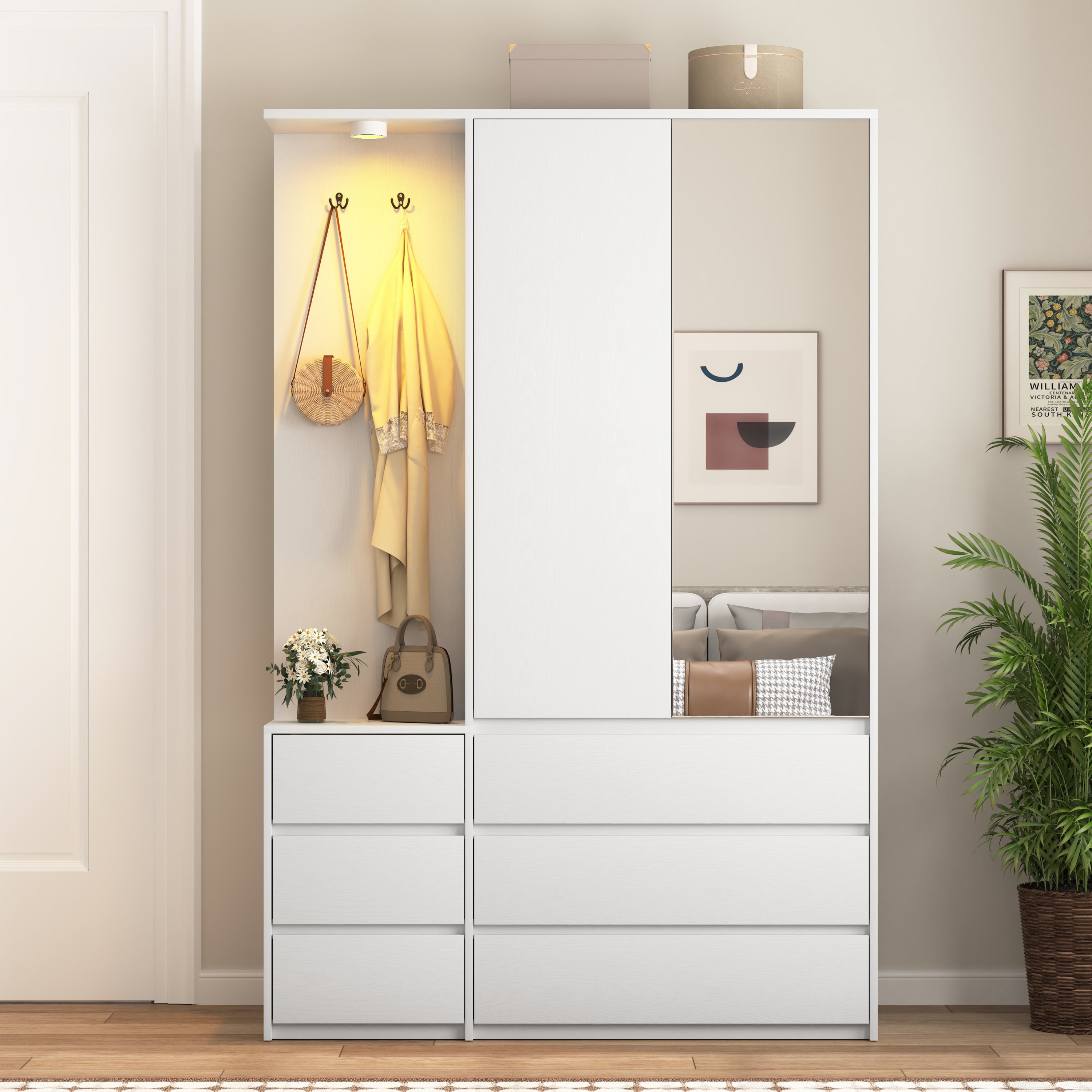 Wardrobe Closet 71.7' H, Bedroom Wooden Wardrobe with 2 Doors 6 Drawers, Modern Clothing Storage Cabinet Combination with Storage Shelves and Hanging Rail, White