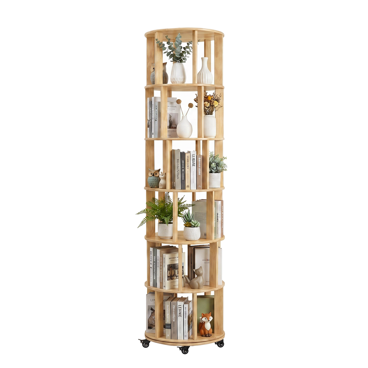 6 Tier Rotating Bookshelf, Solid Wood Rotating Bookshelf Tower with Wheels, 360° Display Round Spinning Bookshelf for Small Spaces, Corner, Bedroom, Living Room, Home, Office, Natural Wood Color