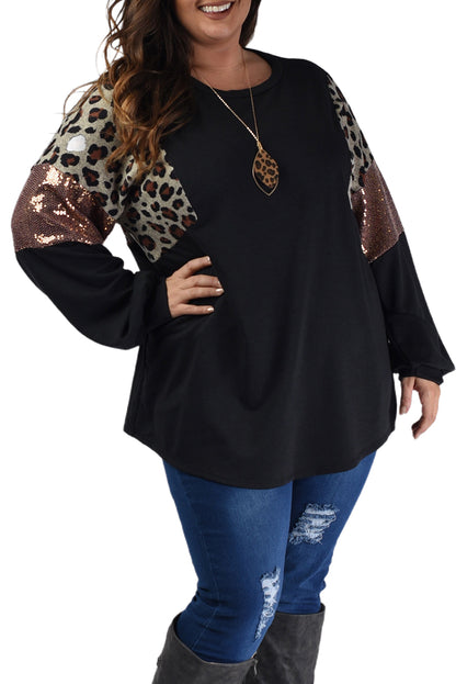 Wholesale Black Plus Size Leopard Sequin Patchwork Long Sleeve Top - Eloy Royal