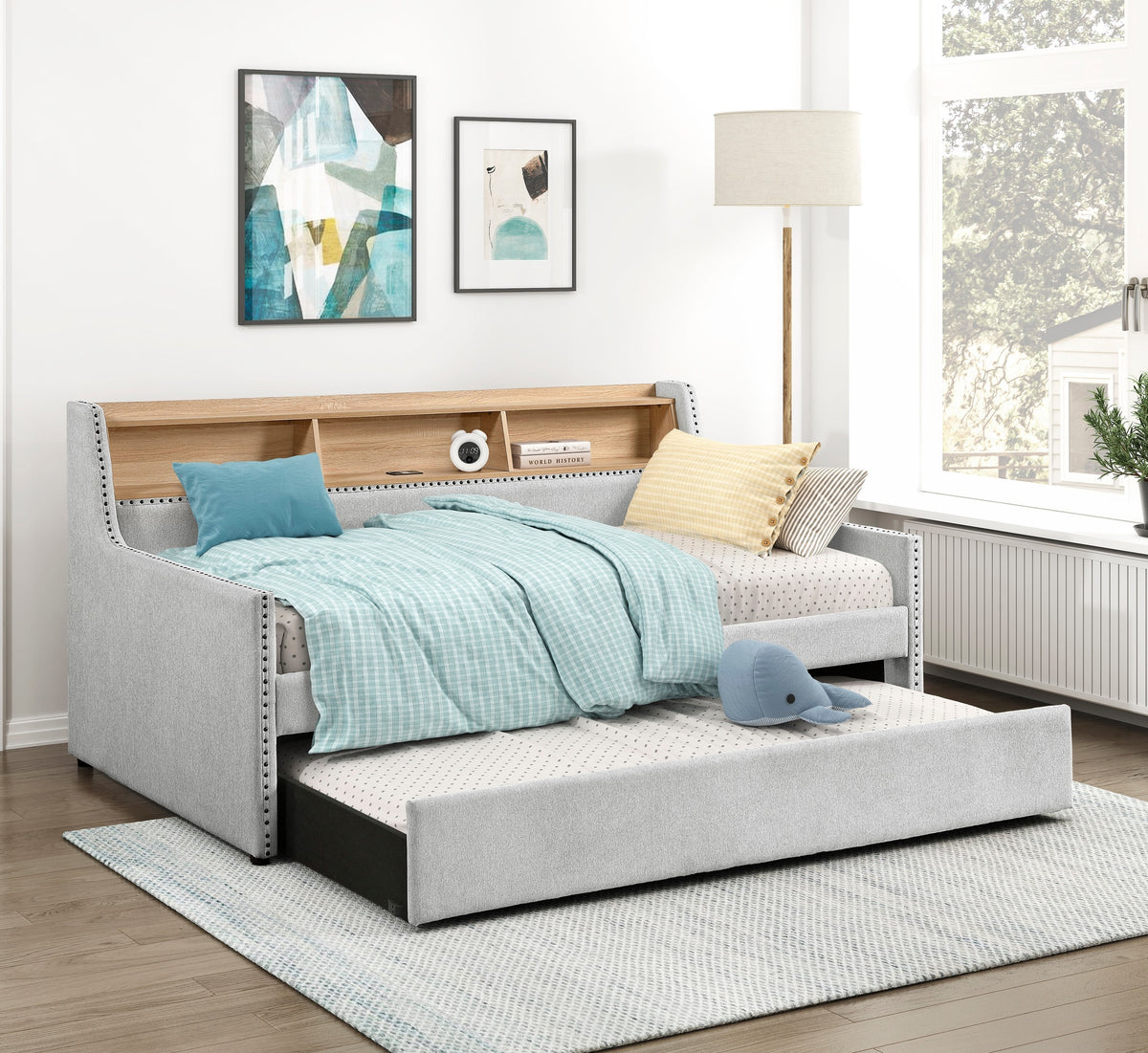 1pc Light Gray Daybed with Pull-Out Trundle Bookcase Side Panel Charging Ports Nailhead Trim Modern Design Furniture